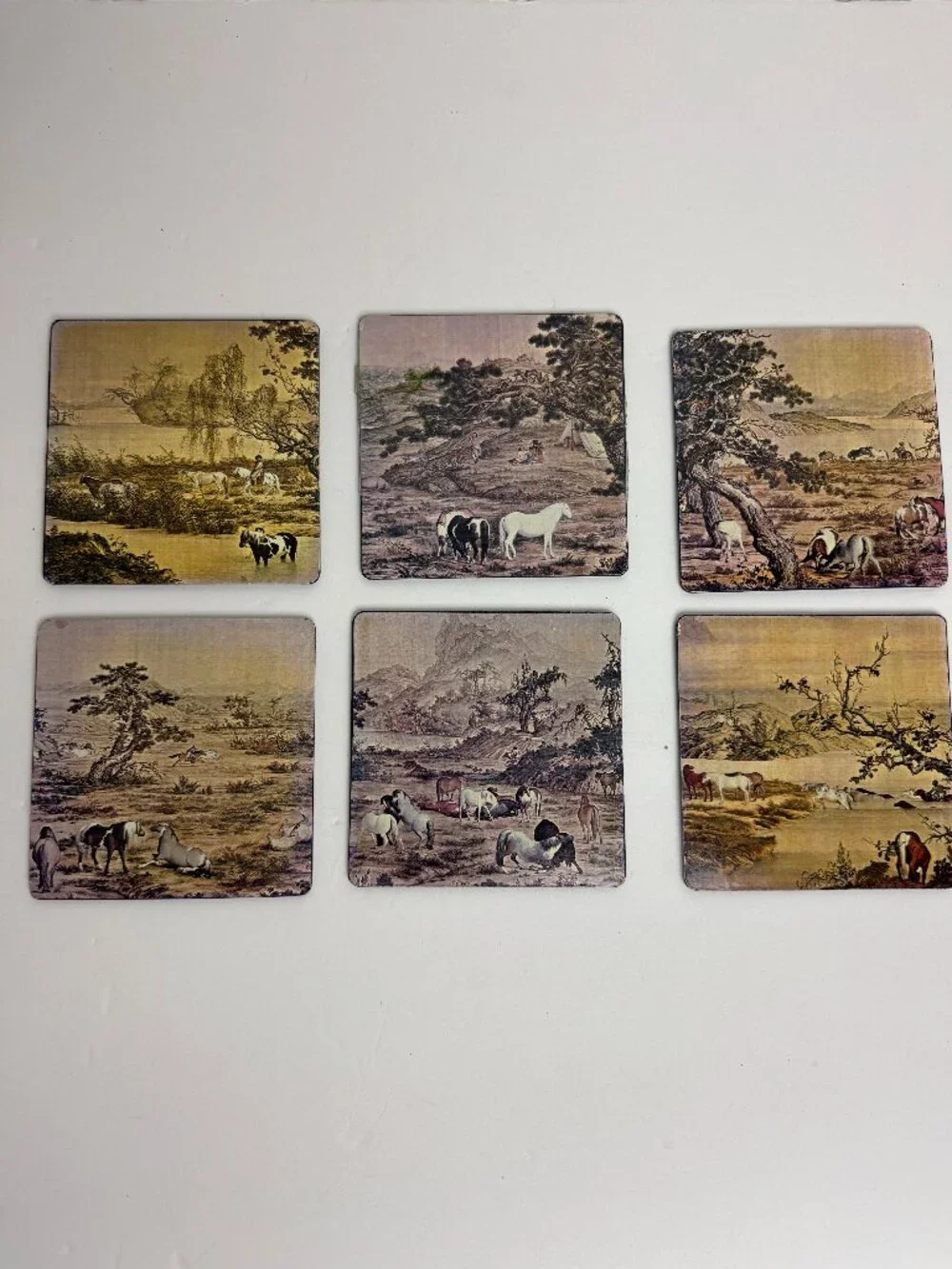 Vintage Set of 6 Decorative Coasters Asian - Inspired Pastoral Landscape Horses